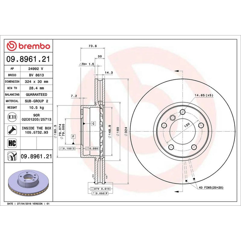 Brembo 2 x Internally Vented Brake Discs fits BMW 5 1996-2004