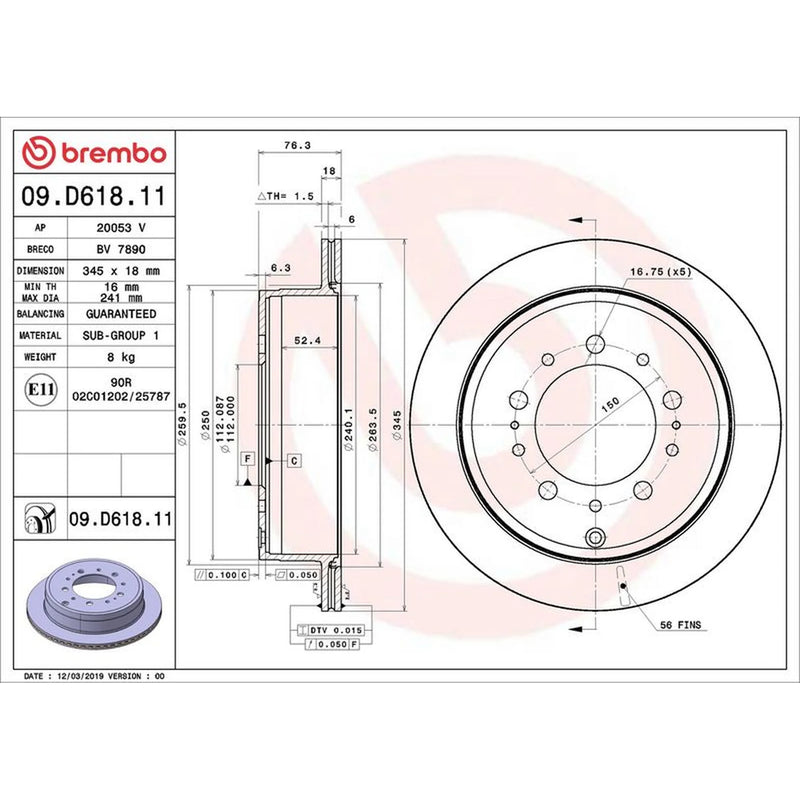 Brembo 2 x Internally Vented Rear Brake Discs 09.D618.11-x2