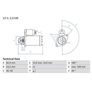 Bosch Starter Motor 12V 2.3kW 11 Teeth