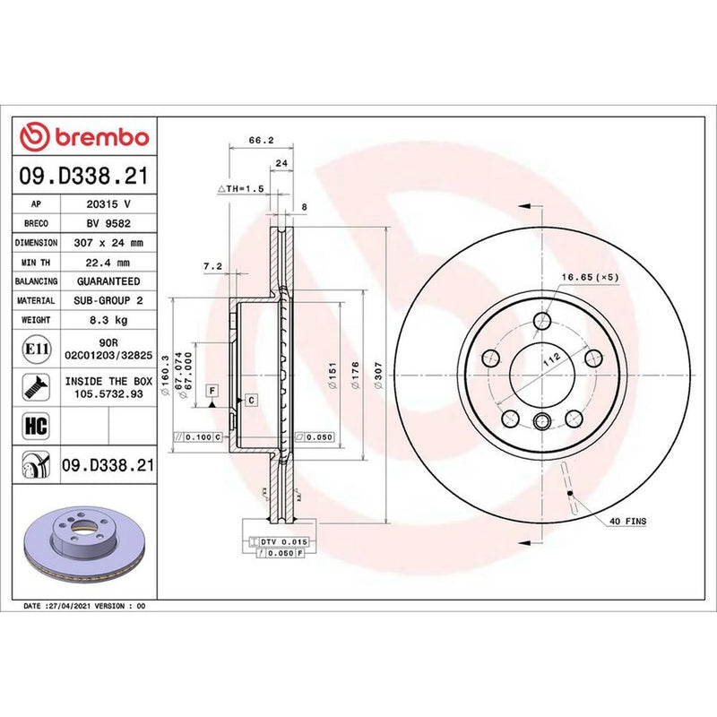 Brembo 2 x Internally Vented Front Brake Discs 09.D338.21-x2
