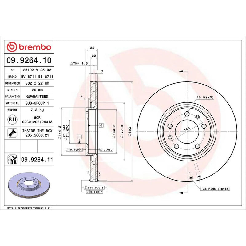 Brembo 2 x Internally Vented Brake Discs fits Citroën C6 2005-2012 2.2 2.7 3.0