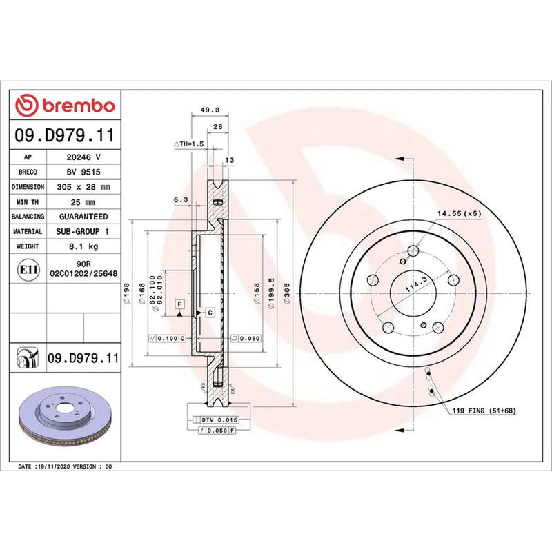 Brembo 2 x Internally Vented Front Brake Discs 09.D979.11-x2