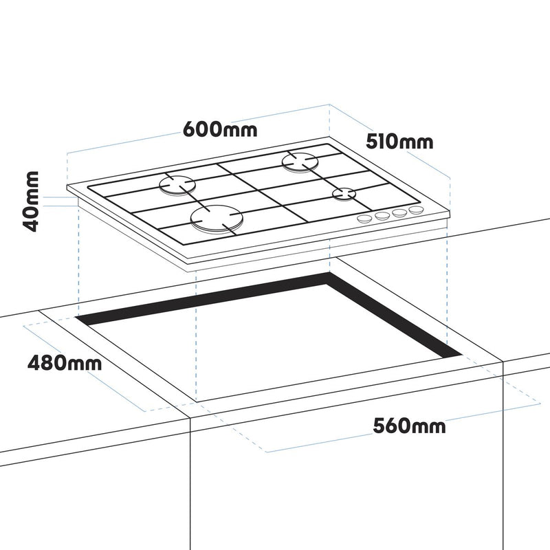 Baridi Gas Hob with 4 Cooking Zones 60cm - Stainless Steel DH225 Baridi - Dynamic Drive