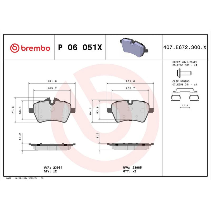 Brembo 4 x Front Brake Pad Set fits Mini Mini 2003-2015