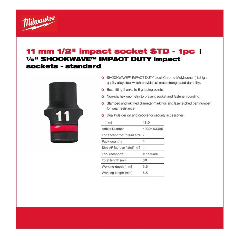 Milwaukee Hex Socket Shw 1/2 Std 11mm-1Pc 4932480305 Milwaukee - Dynamic Drive