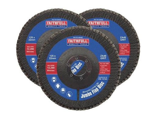 Faithfull Zirconia Abrasive Jumbo Flap Disc 125 x 22mm 40 Grit (3 Pack) Faithfull - NN4 Online