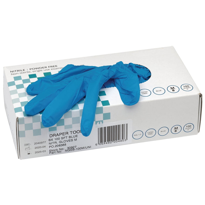 Draper Nitrile Gloves, Medium, Blue (Pack of 100) 30927 Draper - Dynamic Drive