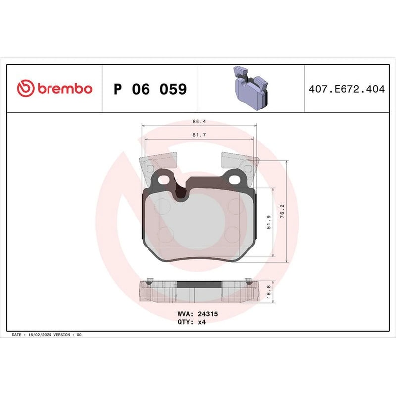 Brembo 4 x Rear Brake Pad Set fits BMW 1 2007-2013