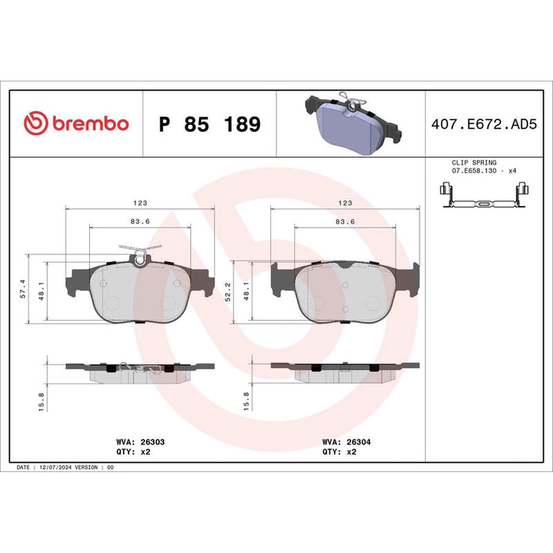 Brembo 4 x Rear Brake Pad Set fits Audi A3 2019-2021