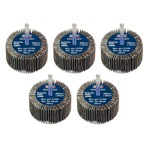 Sealey 60 x 30mm Abrasive Flap Wheel on 6mm Shaft 80Grit - Pack of 5 FW6030805 Sealey - Dynamic Drive