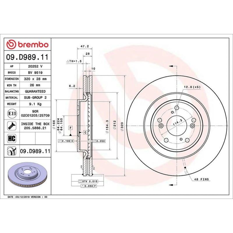 Brembo 2 x Internally Vented Brake Discs fits Honda Cr-V V 2016-2023 1.5 2.0