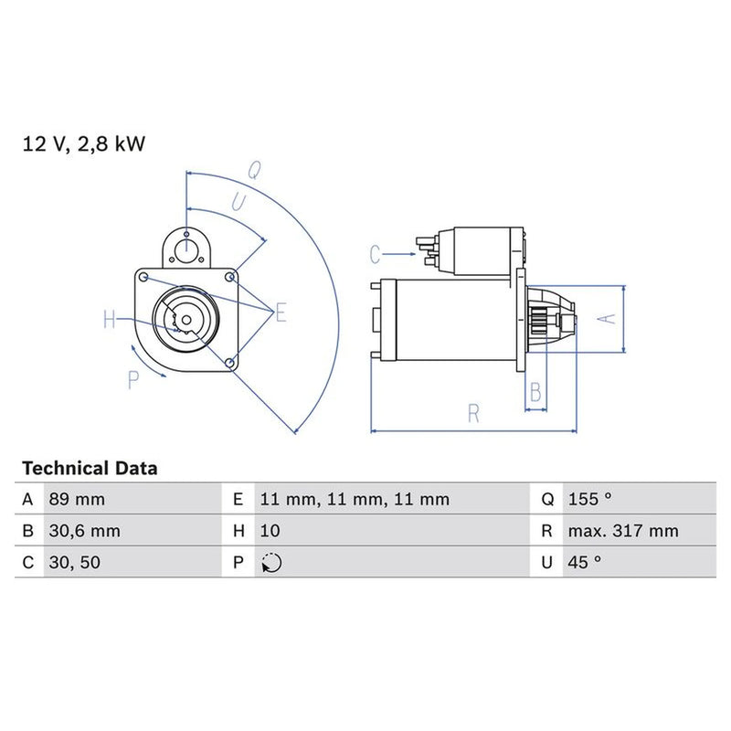 Bosch Starter Motor 12V 2.8kW 10 Teeth