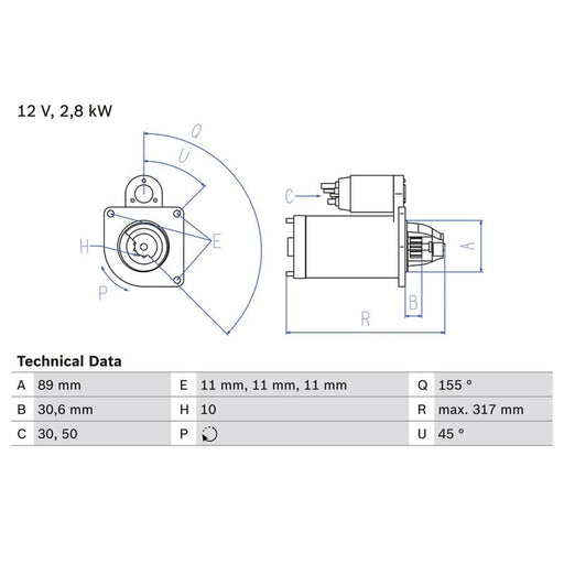 Bosch Starter Motor 12V 2.8kW 10 Teeth