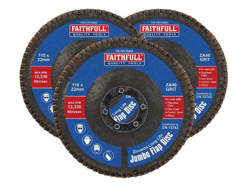 Faithfull Zirconia Abrasive Jumbo Flap Disc 115 x 22mm 40 Grit (3 Pack) Faithfull - NN4 Online
