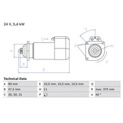 Bosch Starter Motor 24V 5.4kW 11 Teeth fits Volvo B10 1978-2003