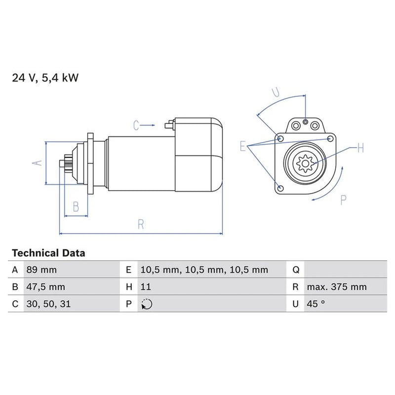 Bosch Starter Motor 24V 5.4kW 11 Teeth fits Volvo B10 1978-2003