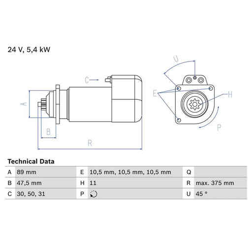 Bosch Starter Motor 24V 5.4kW 11 Teeth fits Volvo B10 1978-2003