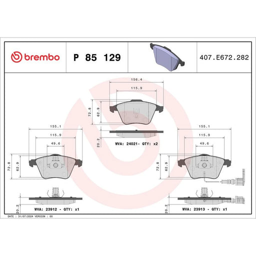 Brembo 4 x Front Brake Pad Set fits Audi A3 2006-2013