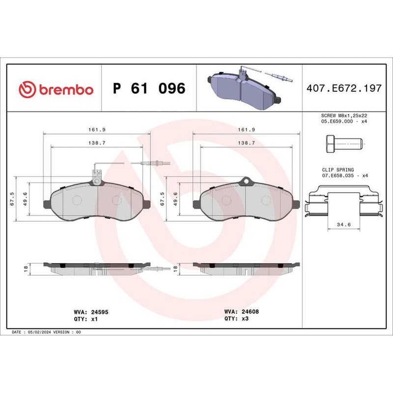 Brembo 4 x Front Brake Pad Set fits Citroën Dispatch II 2007-2016 1.6 2.0