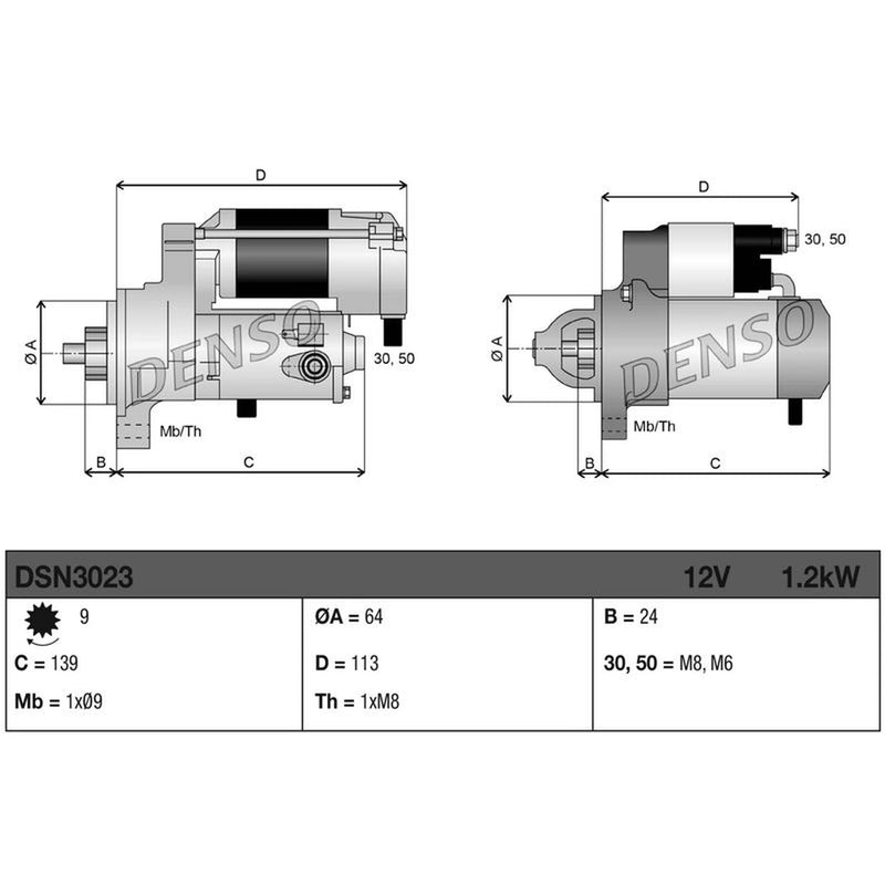 Denso Starter Motor 12V 1.2kW 9 Teeth fits Chevrolet Aveo 2011-2015 1.3