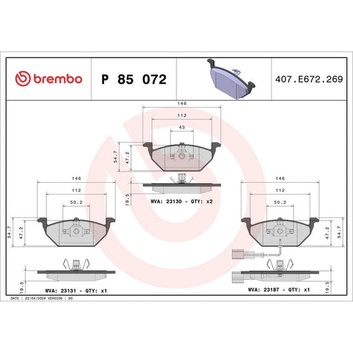 Brembo 4 x Front Brake Pad Set fits Audi A2 2000-2005 1.4 1.6
