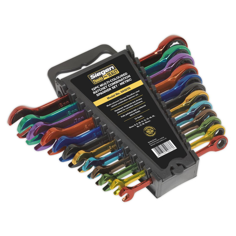 Seigen by Sealey Ratchet Combination Spanner Set 12pc Multi-Coloured Metric Seigen by Sealey  - Dynamic Drive