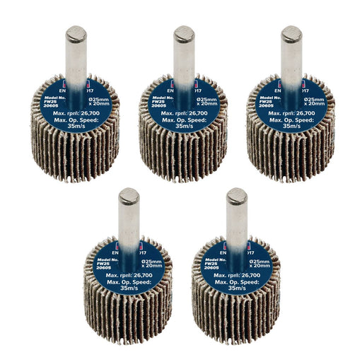 Sealey 25 x 20mm Abrasive Flap Wheel on 6mm Shaft 60Grit - Pack of 5 FW2520605 Sealey - Dynamic Drive