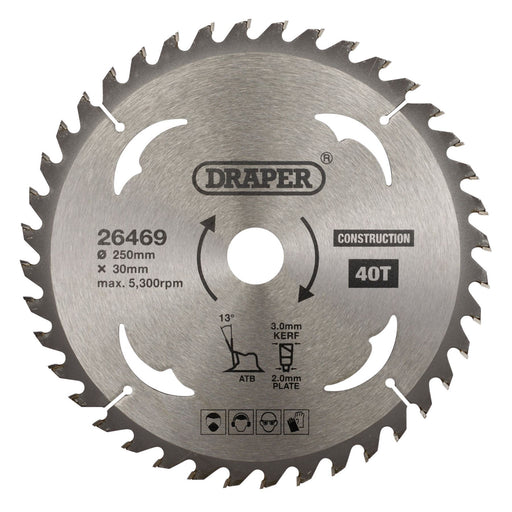Draper TCT Construction Circular Saw Blade, 250 x 30mm, 40T 26469 Draper - Dynamic Drive