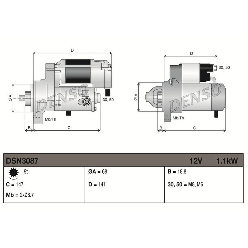 Denso Starter Motor 12V 1.1kW 9 Teeth fits Fiat Stilo 2005-2006 1.6