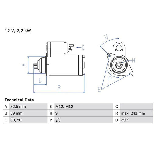 Bosch Starter Motor 12V 2.2kW 9 Teeth fits VW Touareg 2003-2010 2.5