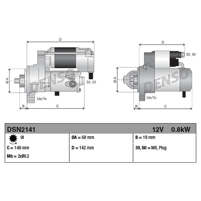 Denso Starter Motor 12V 0.8kW 9 Teeth