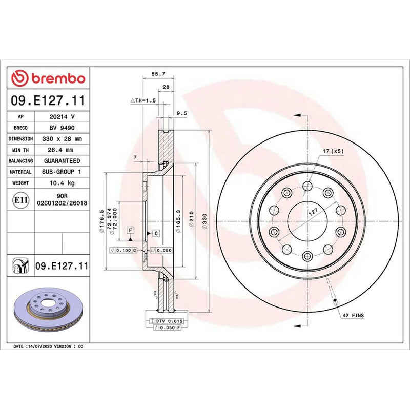 Brembo 2 x Internally Vented Front Brake Discs 09.E127.11-x2
