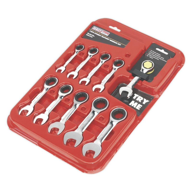 Sealey Combination Ratchet Spanner Set 10pc Stubby Metric AK6396 Sealey - Dynamic Drive