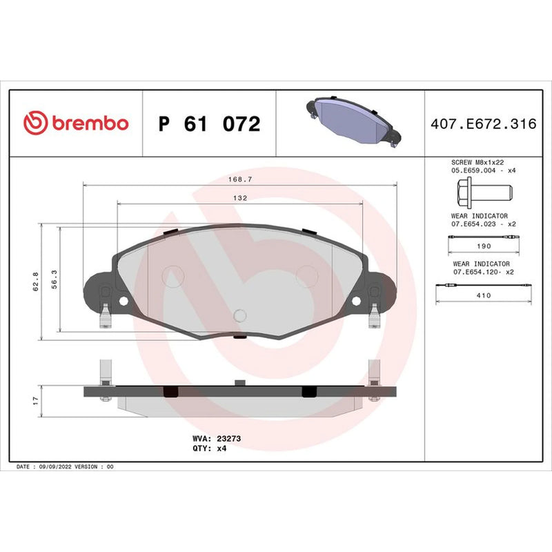 Brembo 4 x Front Brake Pad Set fits Citroën C5 I 2001-2004 2.2 3.0