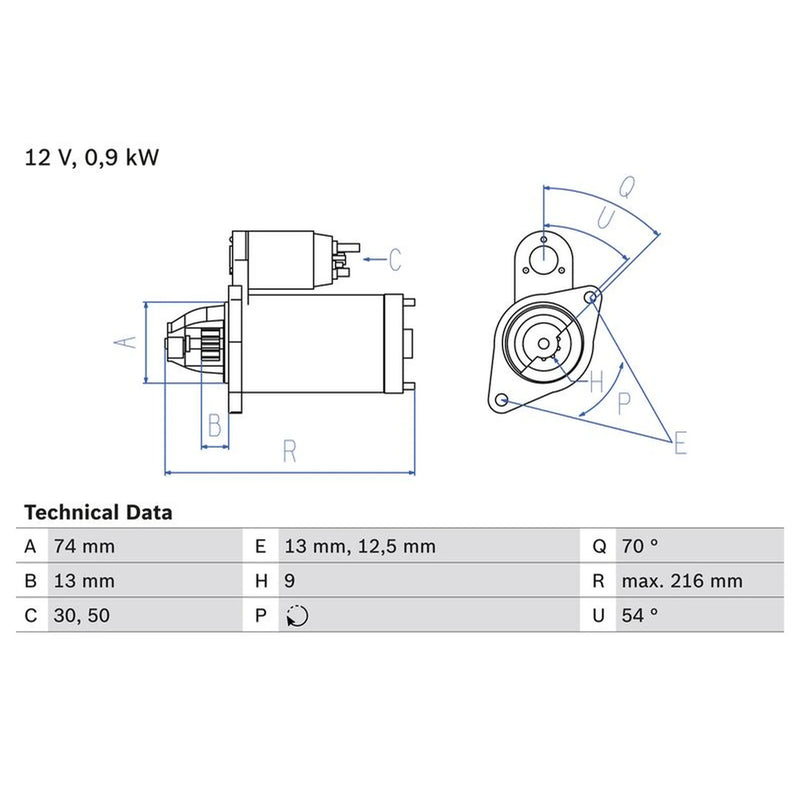 Bosch Starter Motor 12V 0.9kW 9 Teeth fits Mini Mini 2001-2008