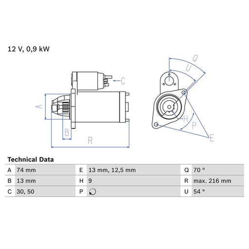 Bosch Starter Motor 12V 0.9kW 9 Teeth fits Mini Mini 2001-2008