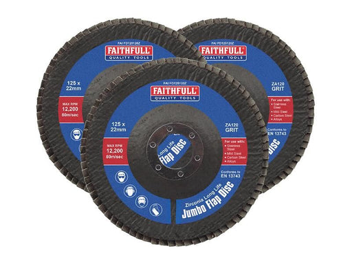 Faithfull Zirconia Abrasive Jumbo Flap Disc 125 x 22mm 120 Grit (3 Pack) Faithfull - NN4 Online