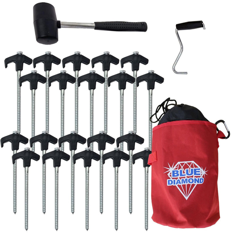 Blue Diamond Screw Pro 20 Pegs Kit Red Includes Storage Bag Mallet Puller Blue Diamond - UK Camping And Leisure