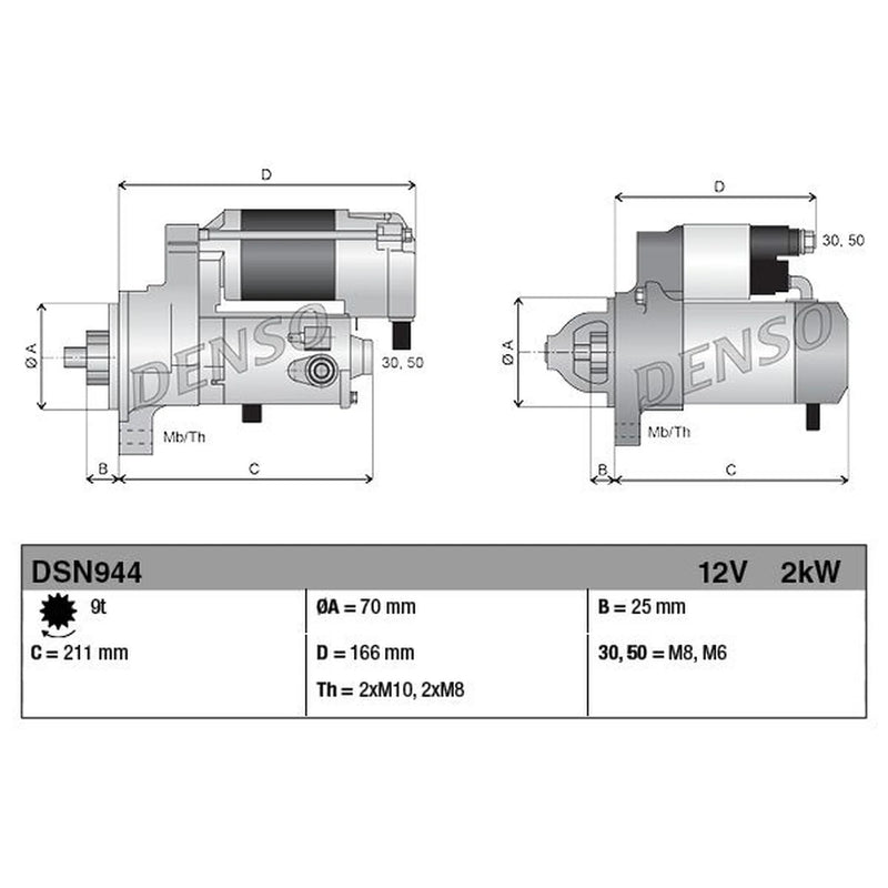 Denso Starter Motor 12V 2kW 9 Teeth fits Land Rover Discovery III 2004-2009 2.7