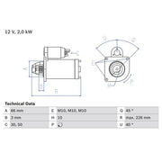 Bosch Starter Motor 12V 2kW 10 Teeth fits Suzuki Grand Vitara I 2001-2005 2.0