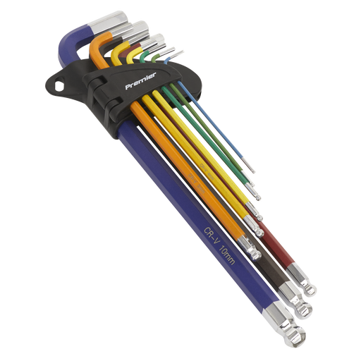 Sealey Premier 9pc Colour Coded Extra Long Ball End Hex Allen Key Set 1.5-10mm Sealey  - Dynamic Drive