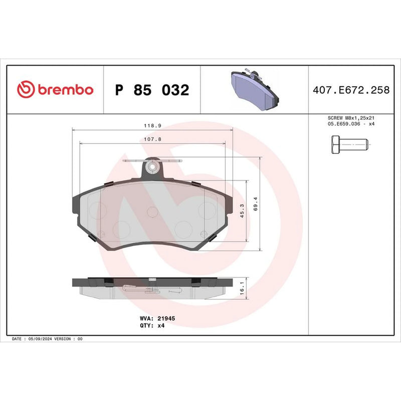 Brembo 4 x Front Brake Pad Set fits Seat Arosa 2000-2004 1.4