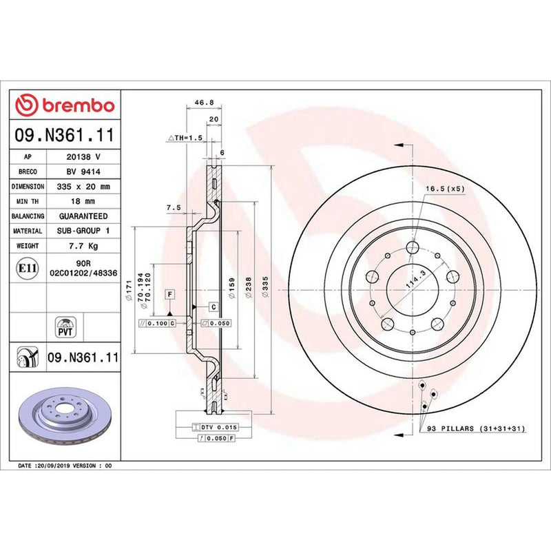 Brembo 2 x Internally Vented Rear Brake Discs 09.N361.11-x2