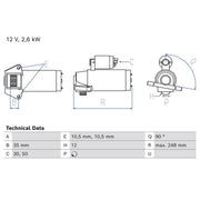 Bosch Starter Motor 12V 2.6kW 12 Teeth fits Ford Ranger 2011 on 2.2 3.2