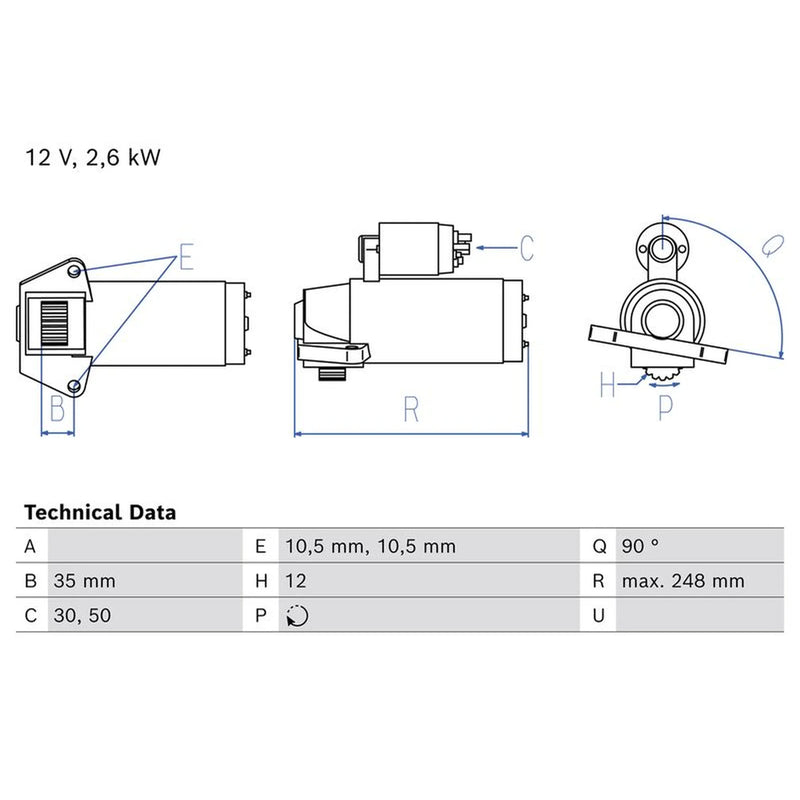 Bosch Starter Motor 12V 2.6kW 12 Teeth fits Ford Ranger 2011 on 2.2 3.2