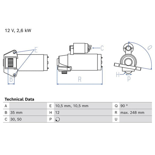 Bosch Starter Motor 12V 2.6kW 12 Teeth fits Ford Ranger 2011 on 2.2 3.2