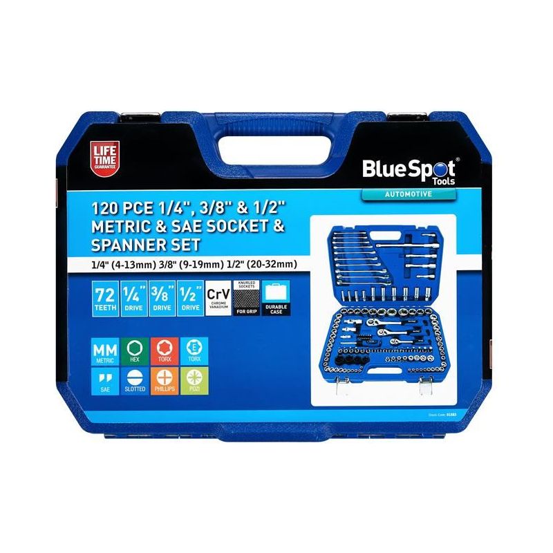 Bluespot Tools 1/2in, 3/8in & 1/4in Metric Socket Set, 120 Piece BlueSpot Tools - Dynamic Drive