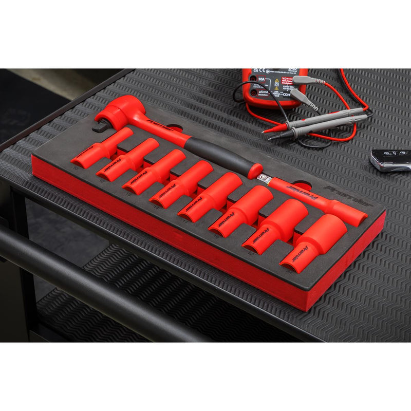 Premier Insulated Socket Set with Tool Tray 1/2"Sq Drive 10pc - VDE Approved Sealey Premier - Dynamic Drive