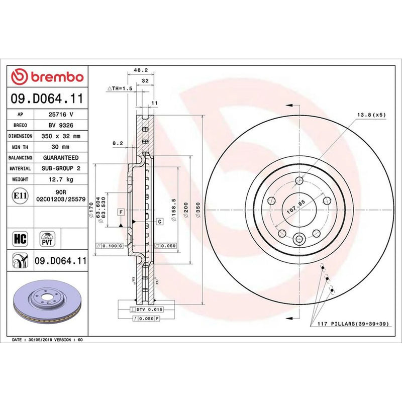 Brembo 2 x Internally Vented Front Brake Discs 09.D064.11-x2