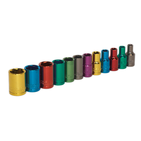 Sealey Multi-Coloured Socket Set 12pc 1/4"Sq Drive 6pt WallDrive Metric AK282 Sealey - Dynamic Drive